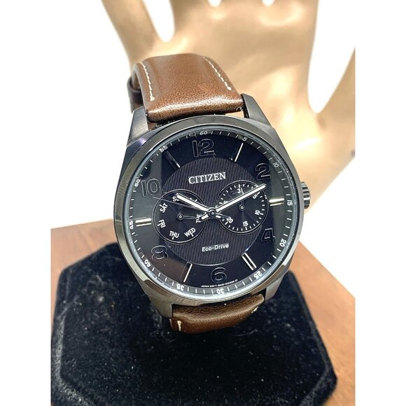 Citizen Men's Watch AO9028-07E Eco-Drive Black Dial Brown Leather Strap 43mm - Picture 1 of 15
